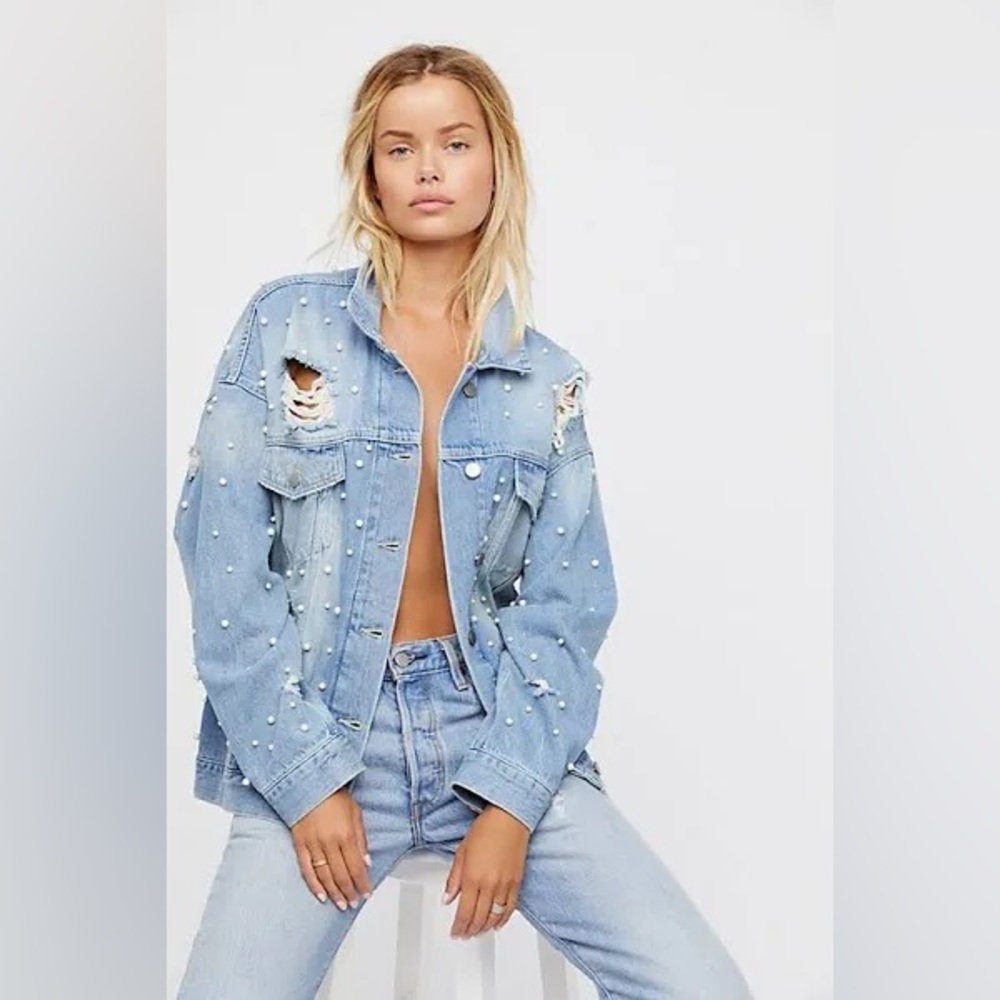 Free People Light Blue Pearl-Embellished Distressed Denim Jacket